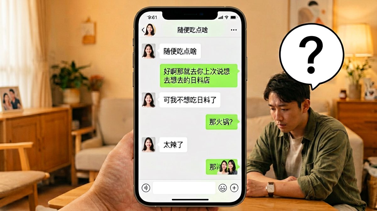 女友的'随便'是一道送命题，男友已经懵了。