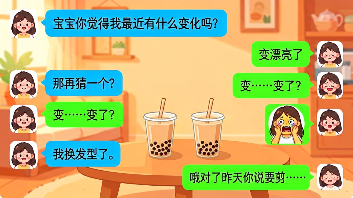女生问变化，男生硬憋半天只憋出一句'变了'，结果只是换了发型