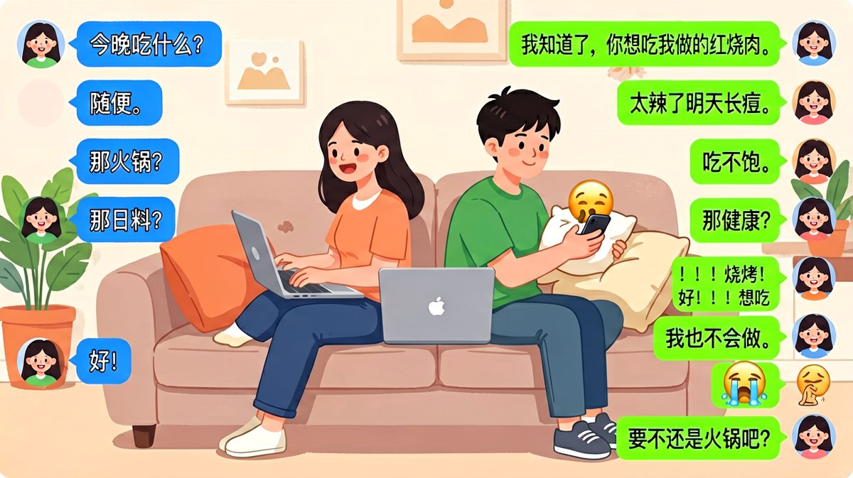男生说随便然后否决所有选项，最后发现自己想吃的是女生不会做的菜