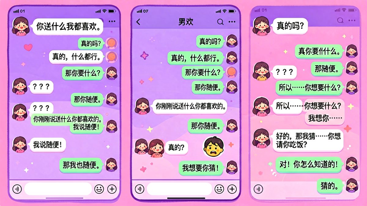 情侣之间的'随便'博弈，最后猜对了请吃饭。