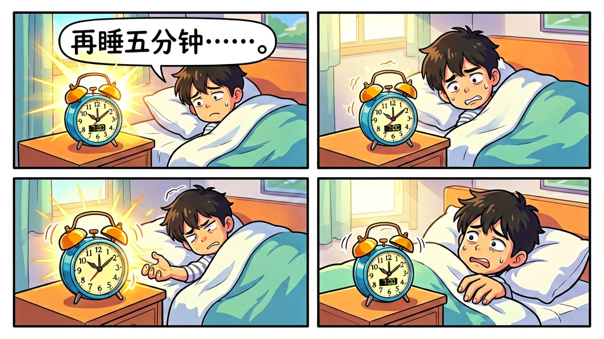 闹钟狂响，主角决定再赖床五分钟