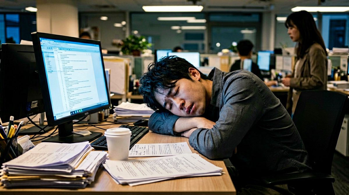 第一格：晚上十點，同事都走了，只剩我還在『自願』加班
