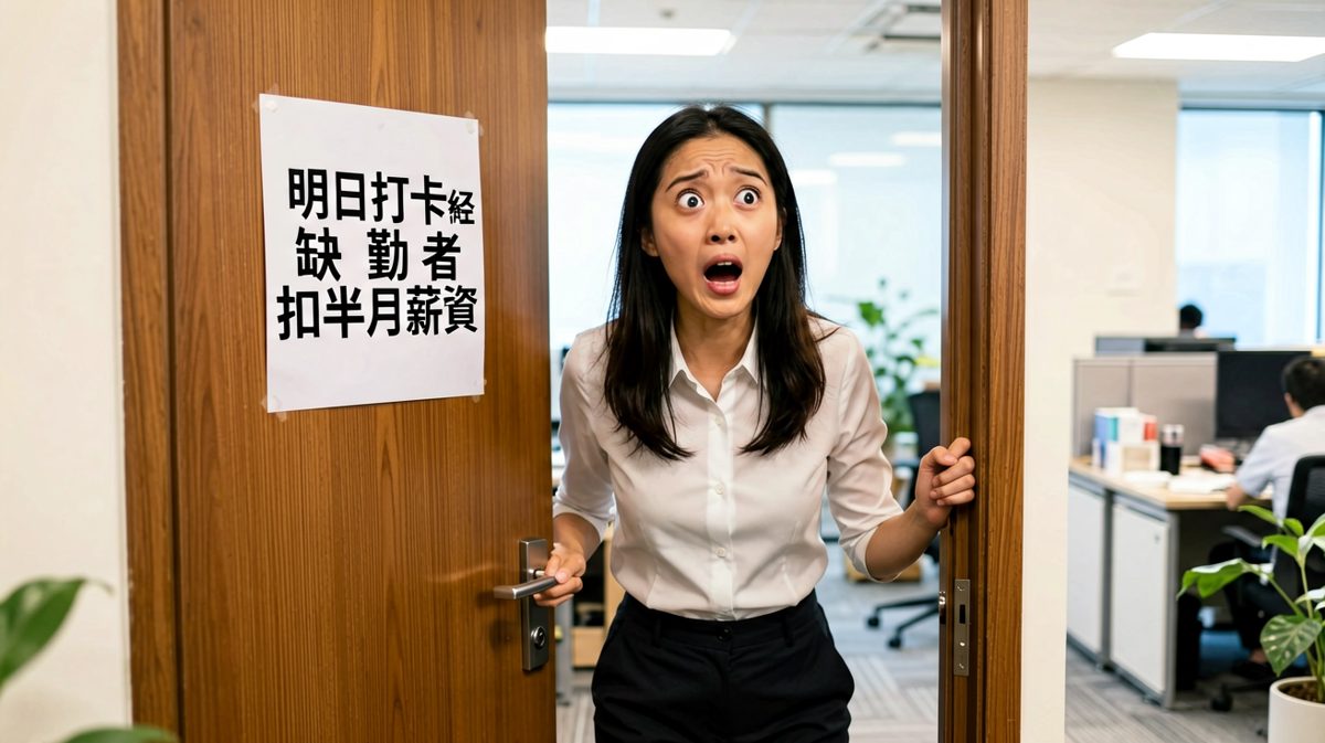 第三格：靈魂看到告示，笑容瞬間凝固