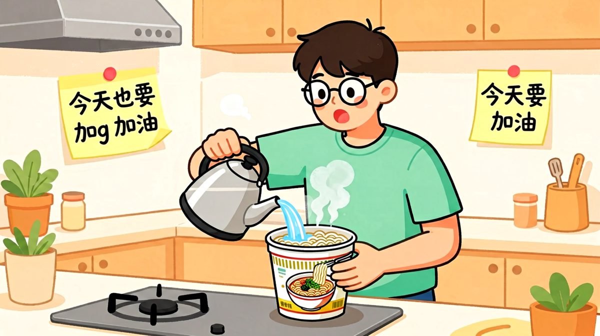 小明满怀期待地泡了一桶泡面，仿佛这是今晚最幸福的时刻。
