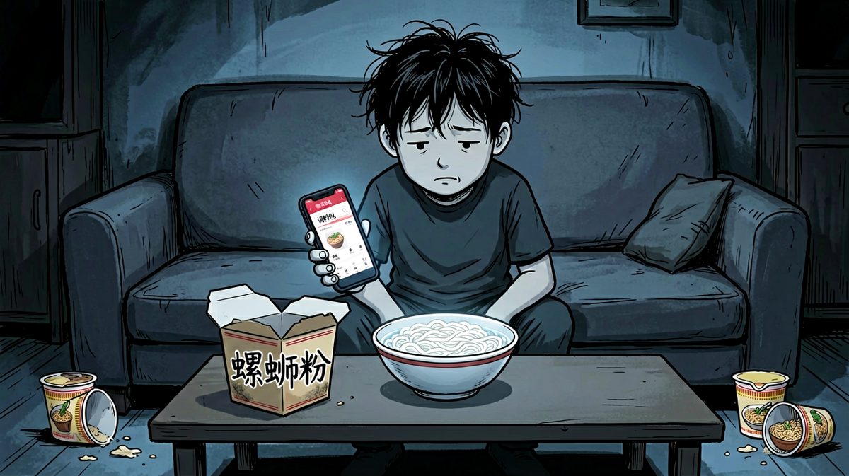 最终，小明点了份螺蛳粉，顺便在线把调料包补上了货。