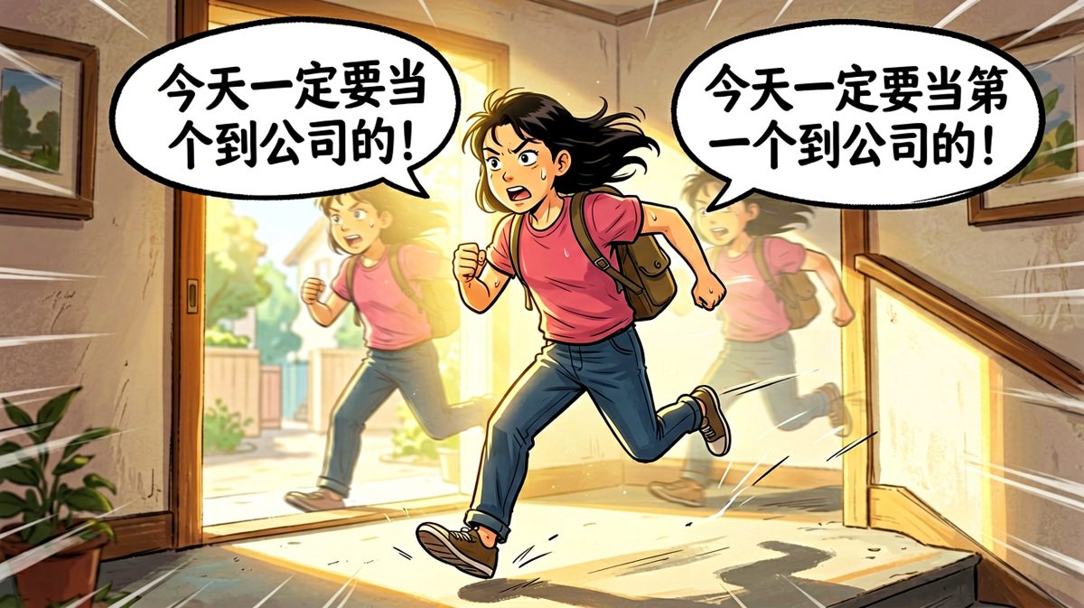 一路狂奔到公司楼下，心中满是战胜闹钟的胜利感