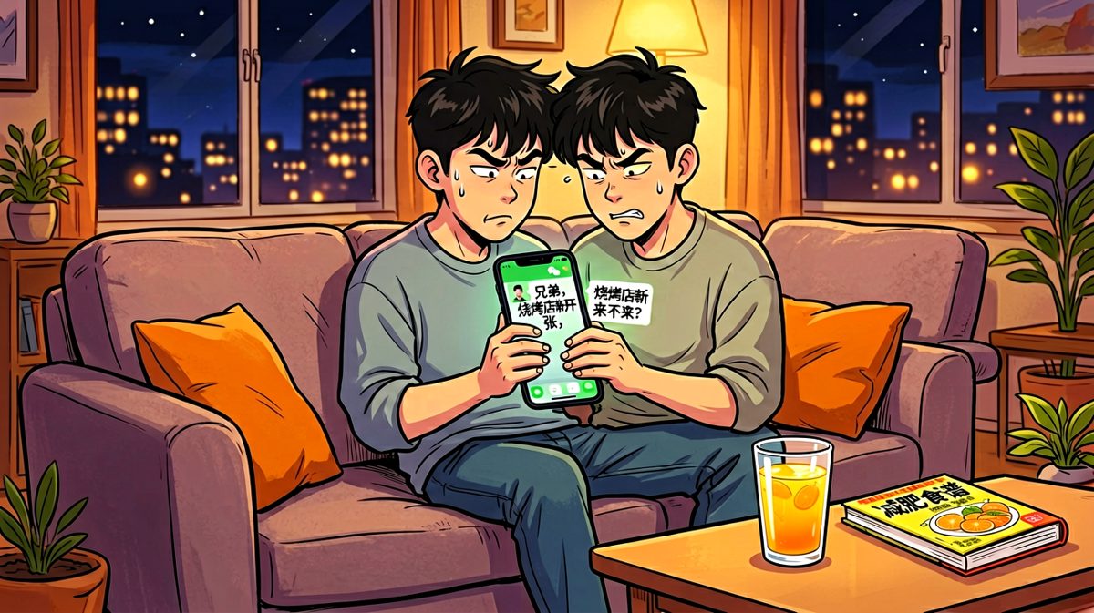 深夜，朋友发来烧烤邀约，他内心天人交战。