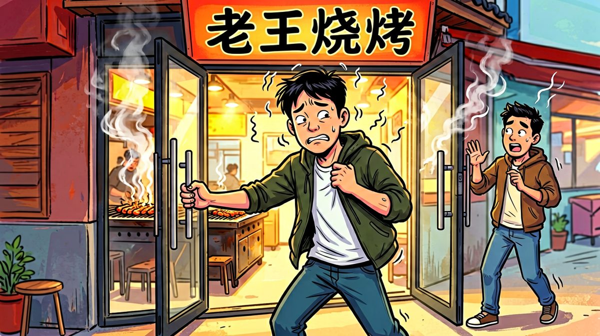 在门口挣扎三分钟后，他选择了投降。