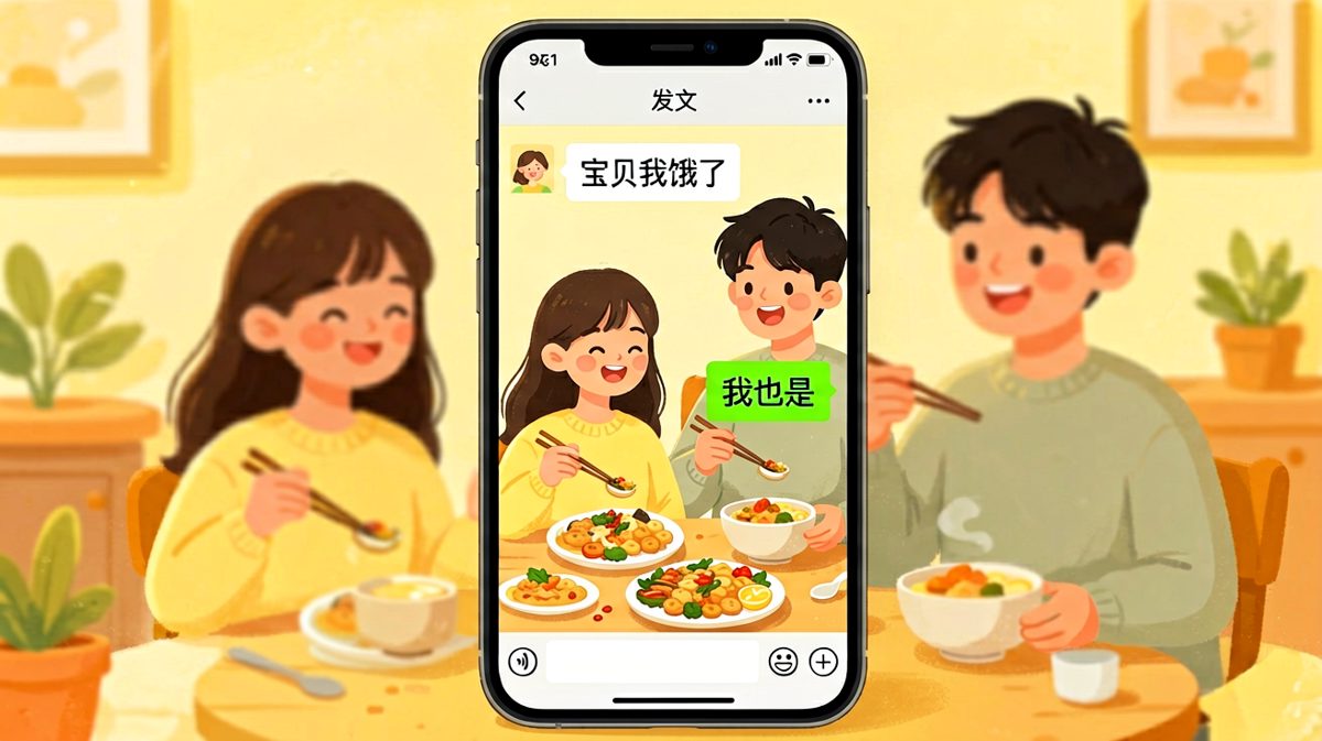 女生一句'我饿了'引发男生秒回'我也是'，结果变成'那一起吃饭吧'的神转折。