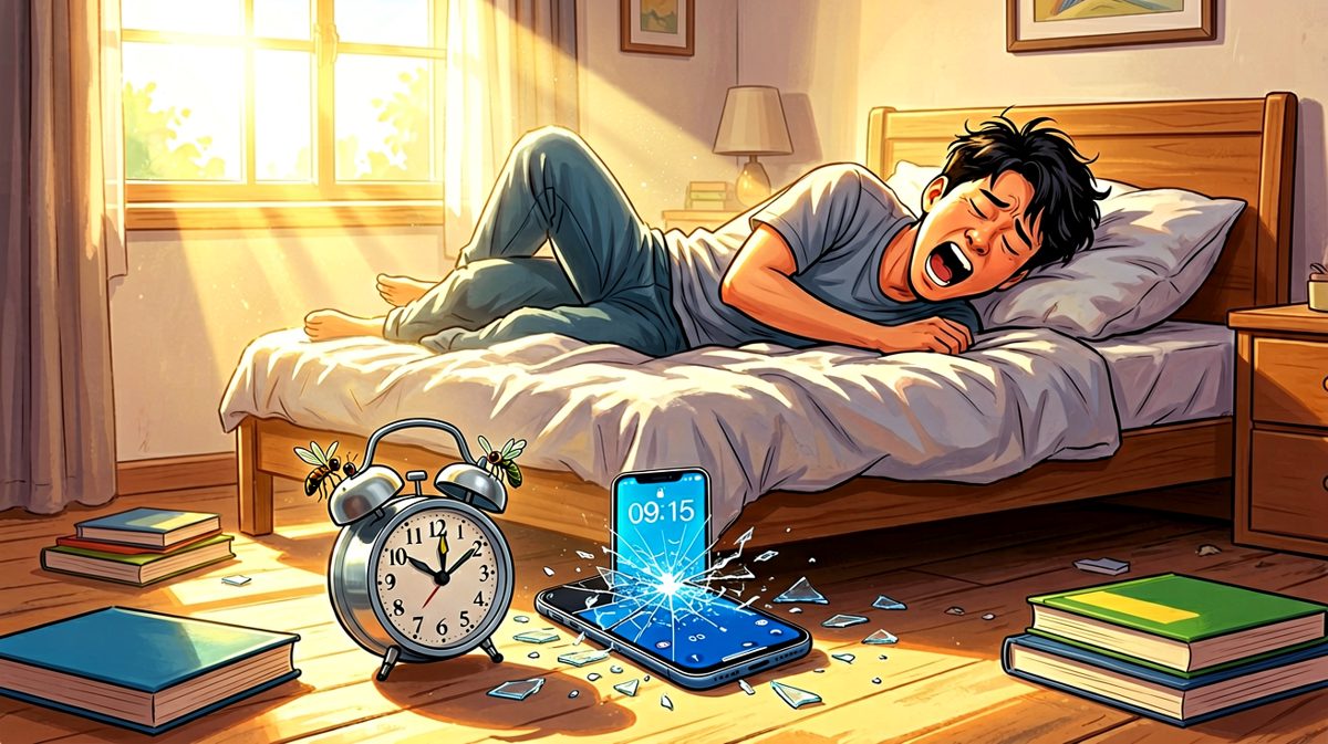 结果闹钟半夜掉地上坏了，一觉睡到九点