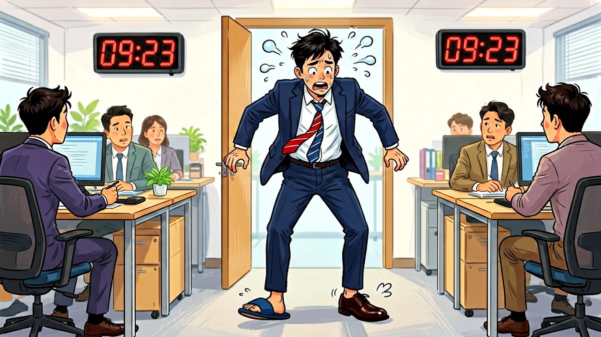 冲到现场才发现——左脚拖鞋右脚皮鞋，社死现场