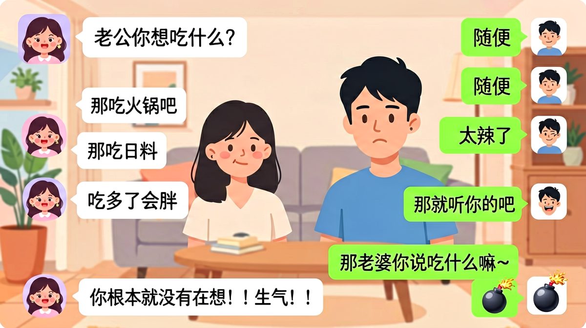 「随便」背后的连环雷：男生猜错吃饭结果的经典无奈瞬间。