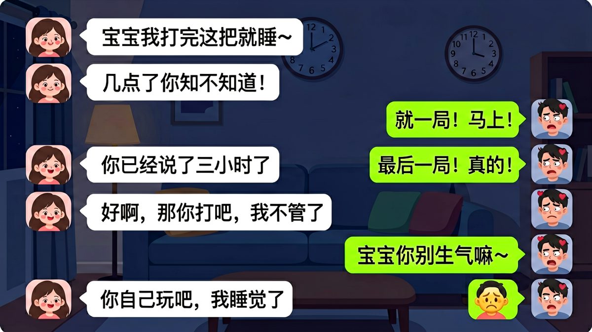 「打完这把就睡」的经典谎言，情侣时间观念差异引发的笑料。