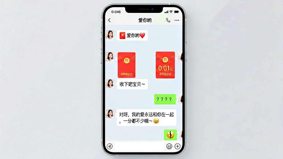 女生发了一个0.01元的'爱心红包'，用谐音梗解释爱意，男生彻底无语。
