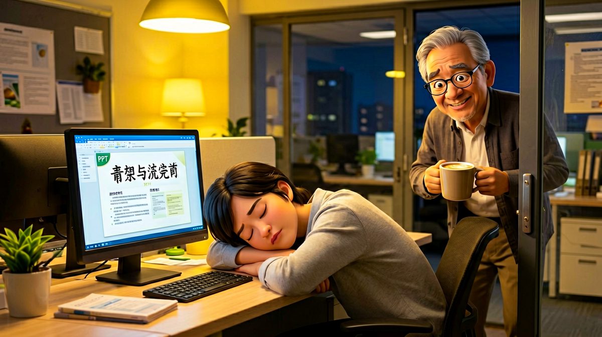 老板看着加班到深夜的员工，感动地自言自语：'这孩子比我还能熬，明年一定提拔他……做我的接班人替我加班。'