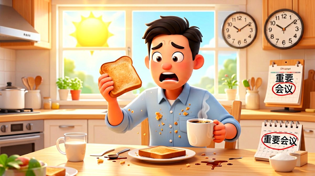 第三格：早餐变灾难，时间不等人