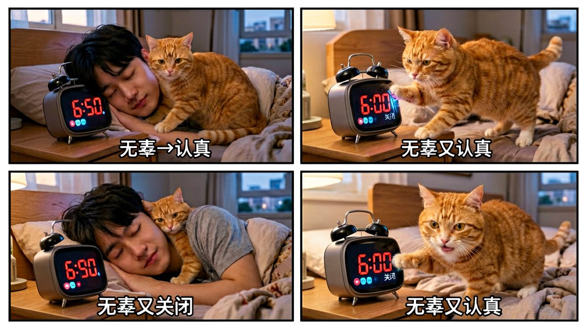 关键时刻，家中的橘猫神之一拍，把闹钟无情关闭。