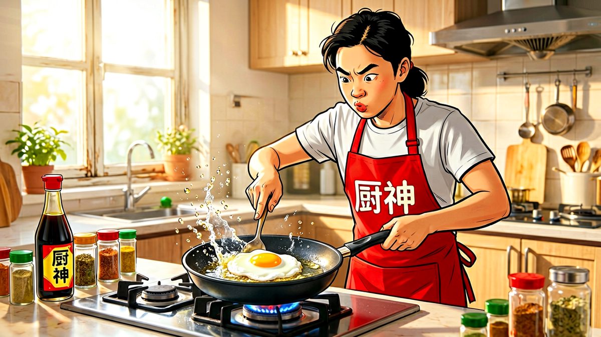 煎蛋环节意外频频，油溅得到处都是，但他坚信一切尽在掌握。