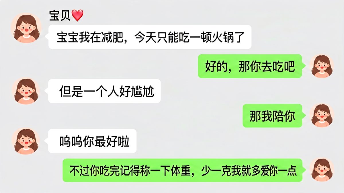 女生撒娇说减肥只吃一顿火锅，男生的反转回应令人哭笑不得。