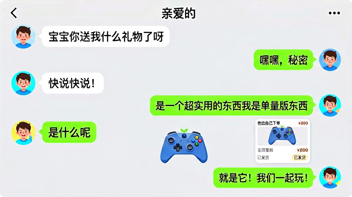 女生满心期待收到礼物，结果男生给自己买了游戏手柄，还说是'一起玩的礼物'。