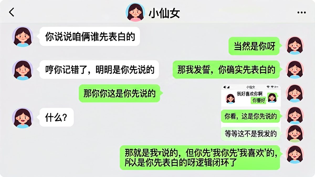 男生用'逻辑闭环'强行证明女生先表白，把女生绕晕的反转对话。