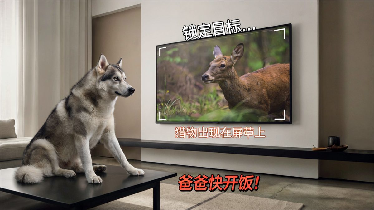 哈士奇以为电视里的动物是真的，准备出击。