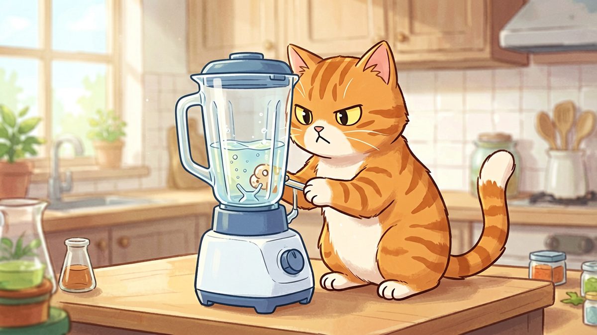 橘猫当厨师，搅拌机成了它的专属工具。