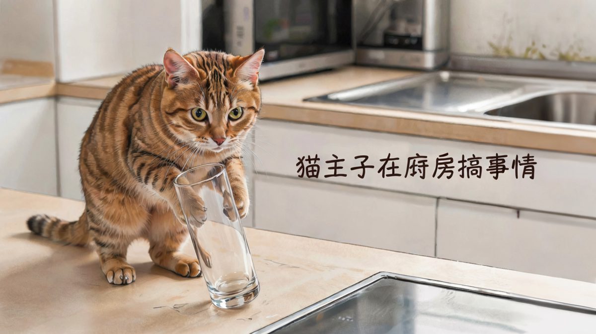 这只橘猫试图偷吃，却把杯子也一并送上了天。