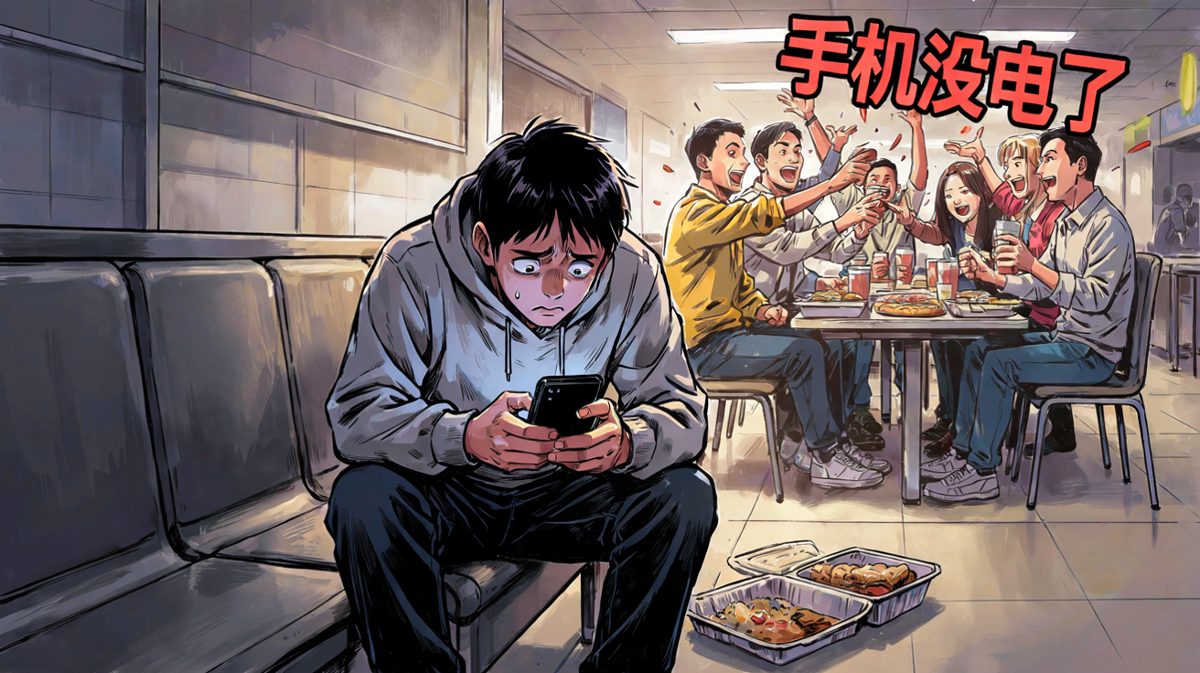 第三格：手机没电，社恐指数爆表。