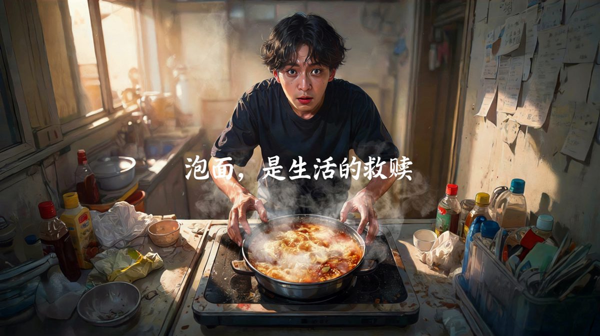 主角满怀希望地煮泡面，眼神里闪烁着幸福的光芒。