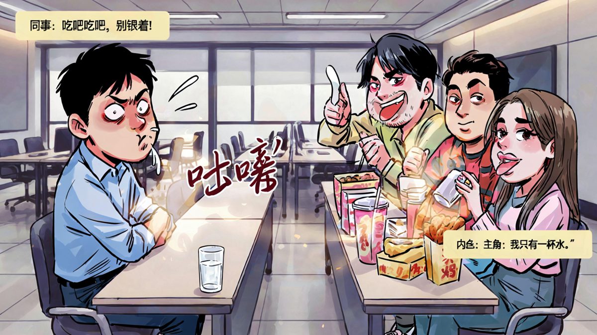 中午同事聚餐，主角只能喝白开水，肚子咕咕叫