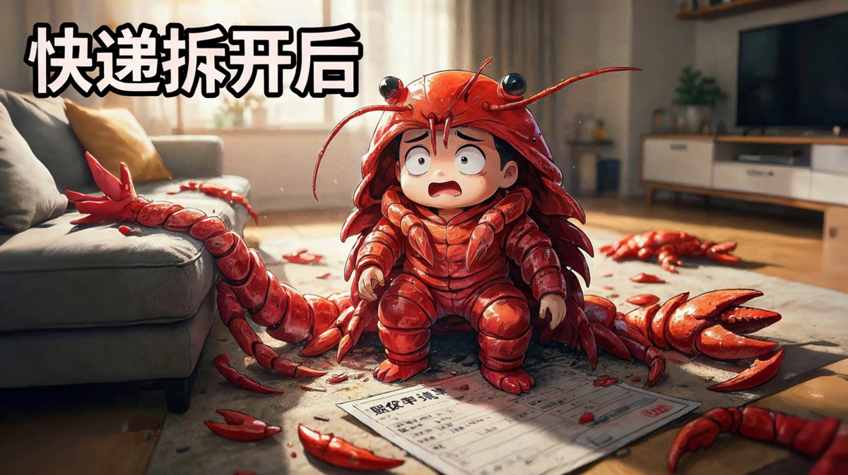 第2格：打开快递当场呆住，收到的竟是龙虾玩偶服！