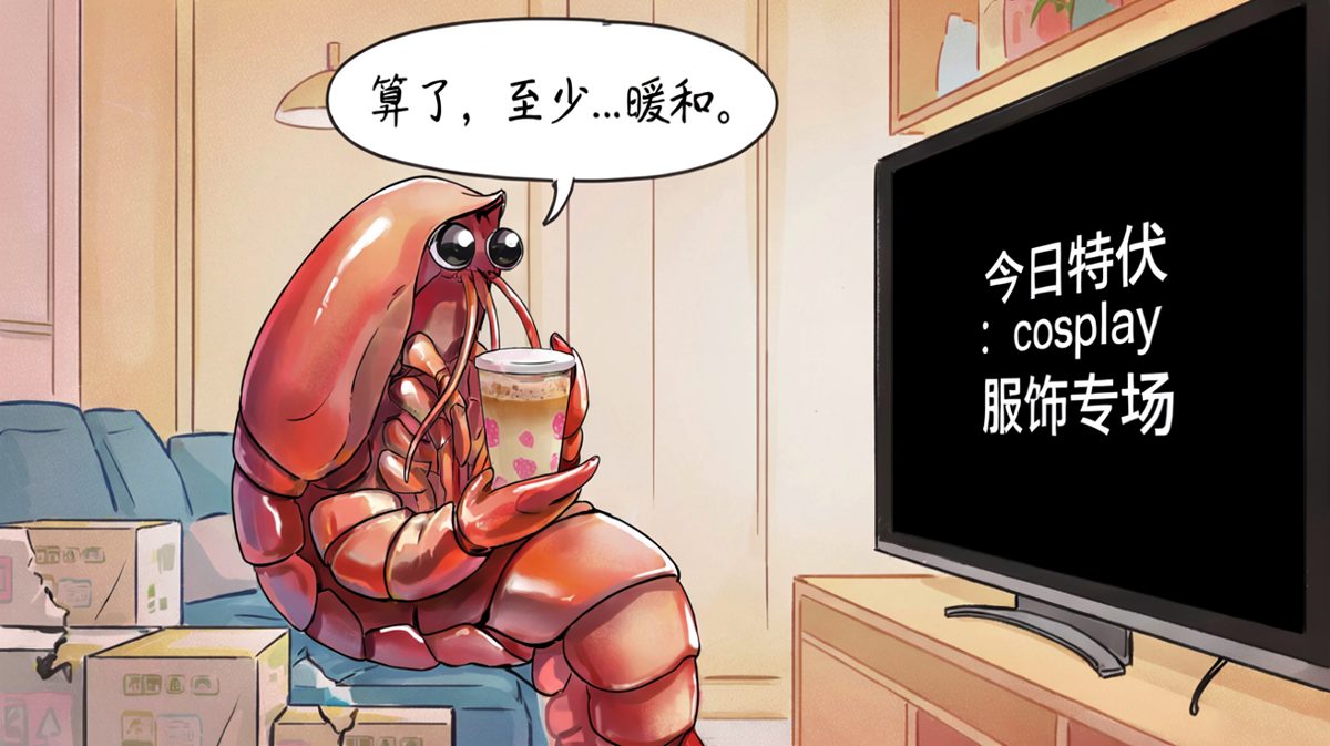 第4格：与命运和解，穿着龙虾服窝沙发上看电视