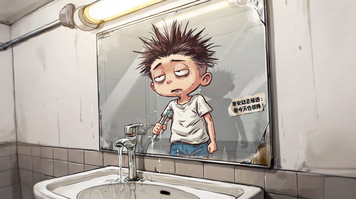 刷牙时陷入深度灵魂出窍状态，牙刷还在嘴里晃悠。