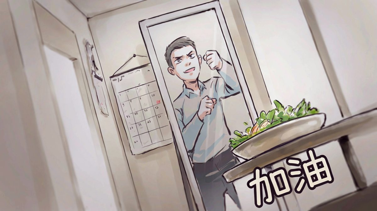 主角发誓今天开始减肥，只吃沙拉。