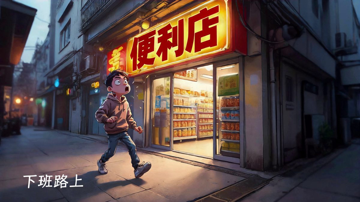 路过便利店，泡面的香味让主角停下了脚步。