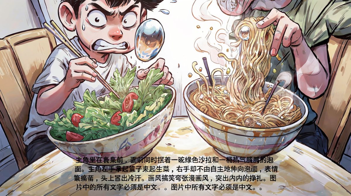 面对沙拉和泡面，主角陷入了艰难的抉择。