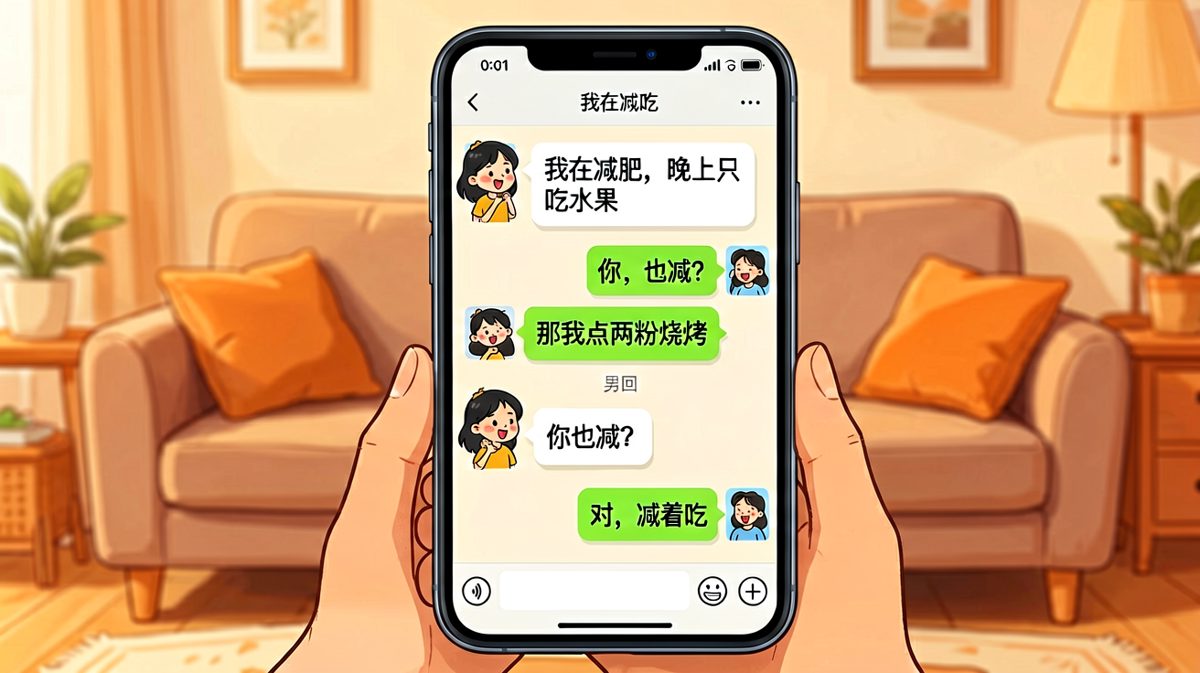 女生减肥吃水果，男生理解成"减着吃"点烧烤的反差萌对话