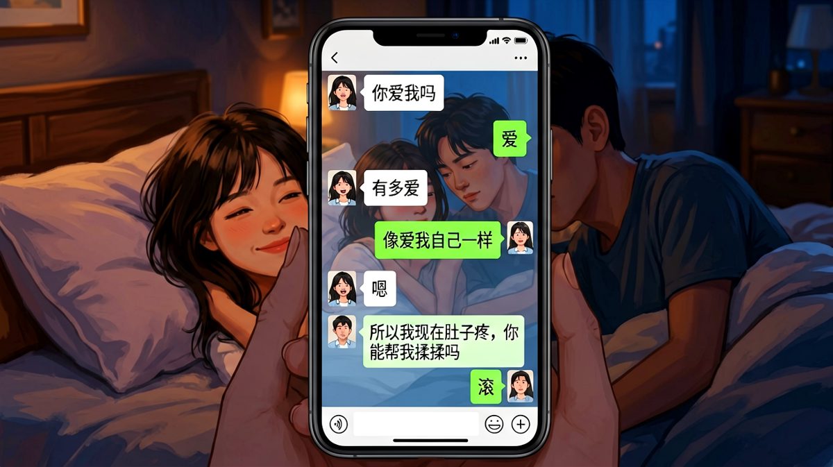男生用"像爱自己一样爱你"来回答深情问题，最后暴露真实目的的反转对话