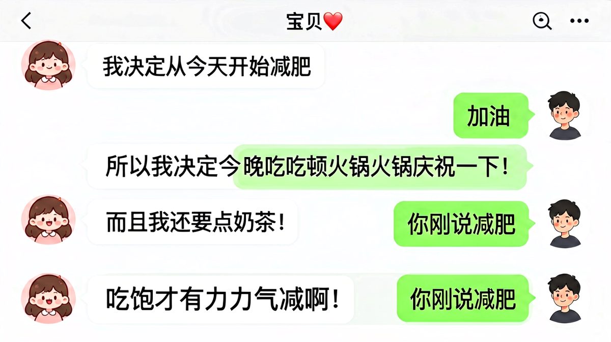 女生减肥第一天就吃火锅庆祝，逻辑鬼才让男生无言以对。