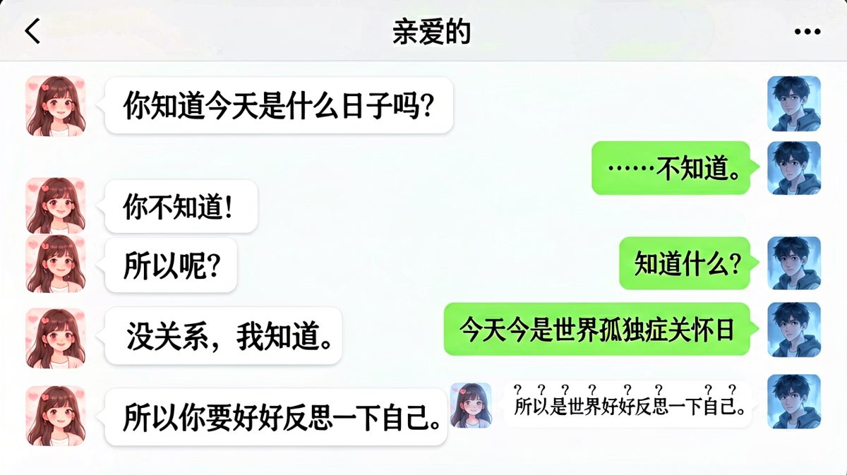 女生假装不知节日反手给男生扣帽子，世界孤独症关怀日变身求生欲考核。