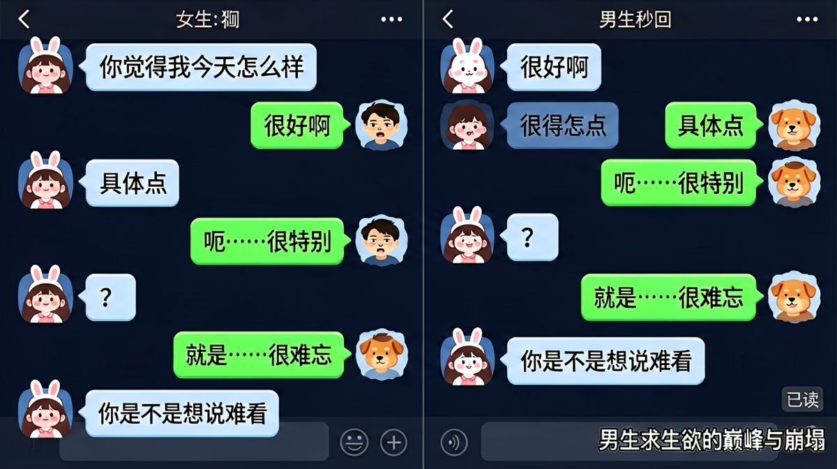 当男生被问到'我今天怎么样'时的极限求生过程。
