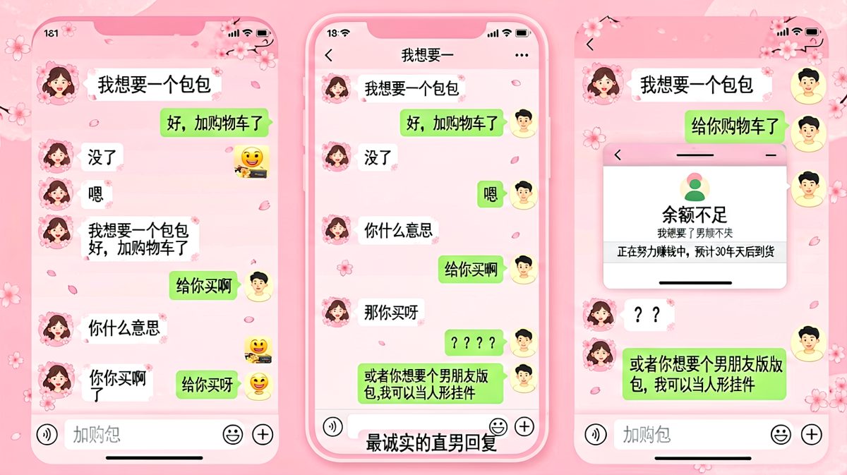 当女生要包包，男生选择最诚实也是最扎心的回应方式。