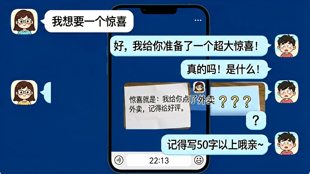 期待已久的惊喜，结果是一份外卖好评任务。