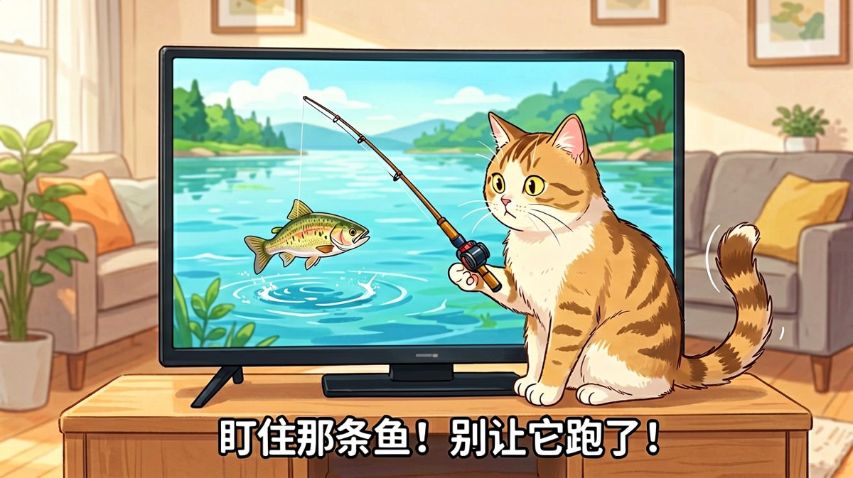 猫咪看电视：那条鱼是我的，谁也别想抢。