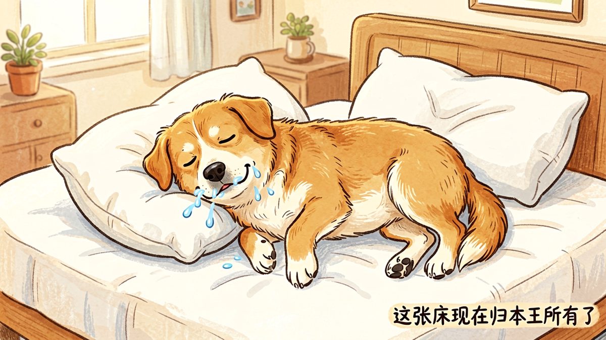 狗狗：你的床就是我的床，你的枕头也是我的枕头。