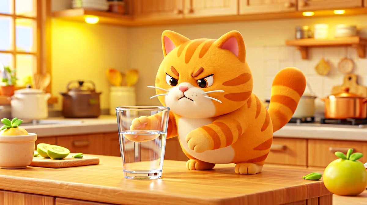 猫：这杯子放这儿碍眼，我帮你挪一下～