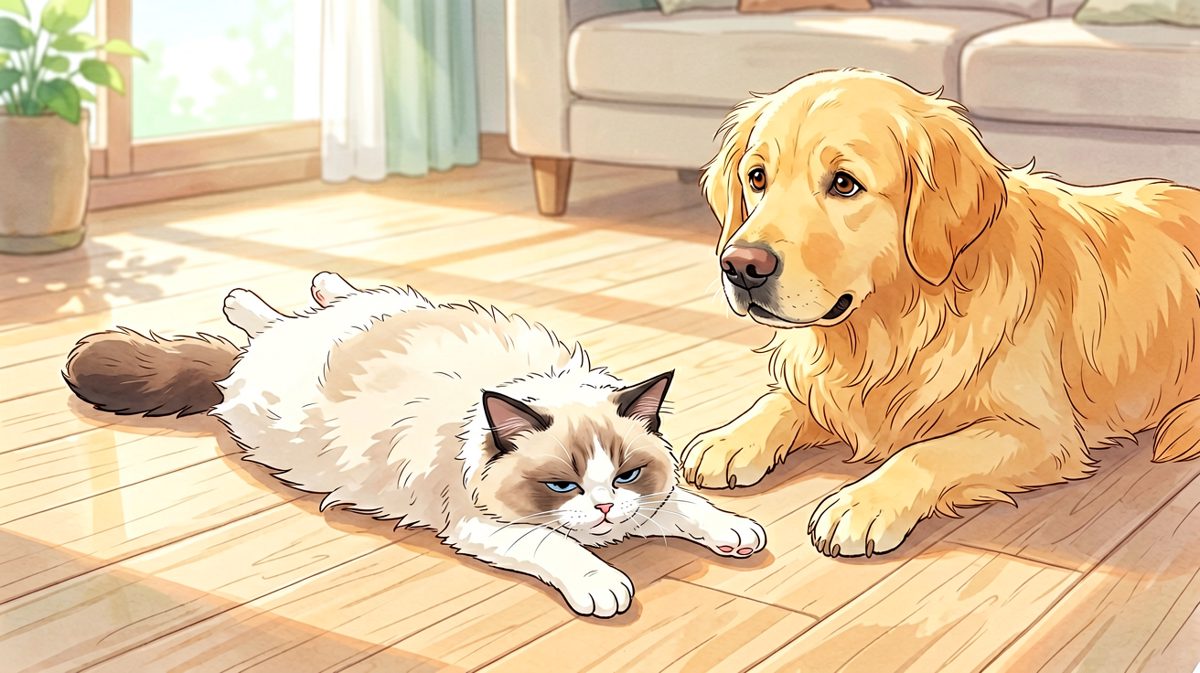 猫：别看了，我只是在充电。狗：你还好吗……需要我帮你叫救护车吗？