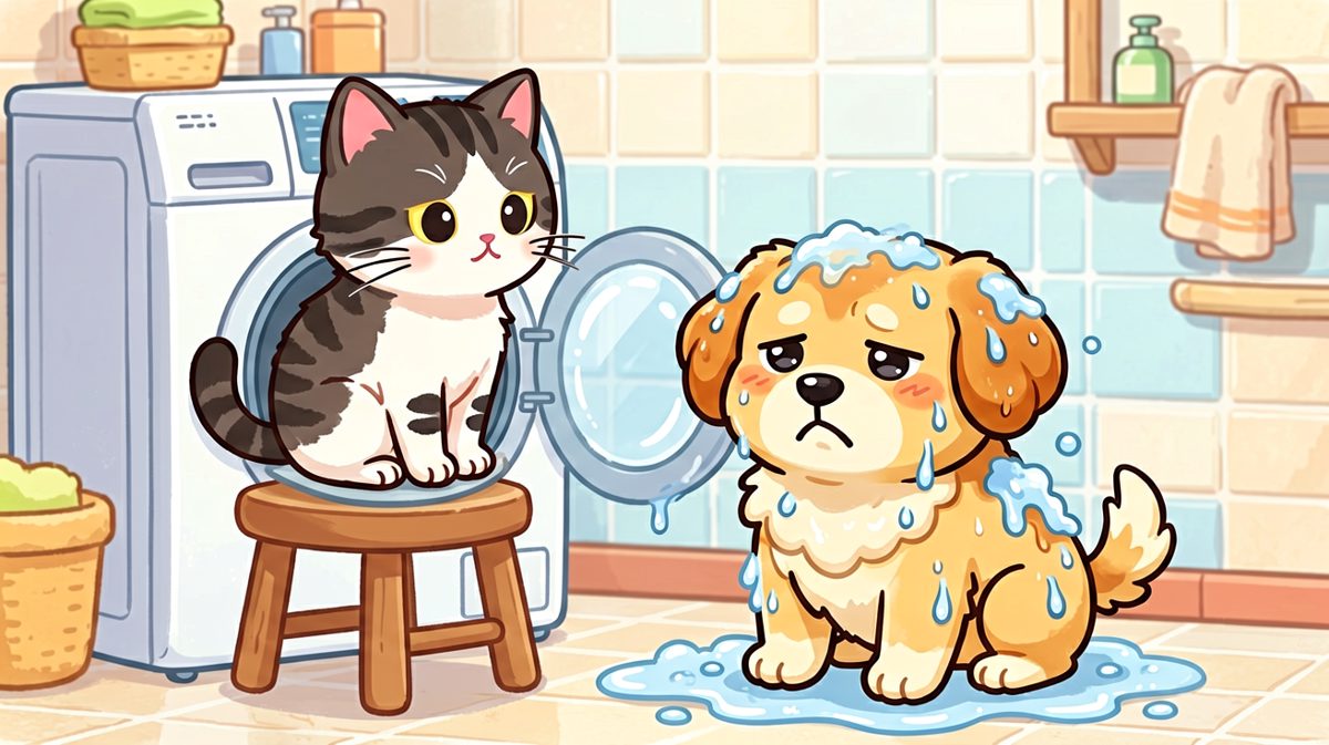 猫咪：哼，洗澡这种事就交给你了，我在旁边看着就行。