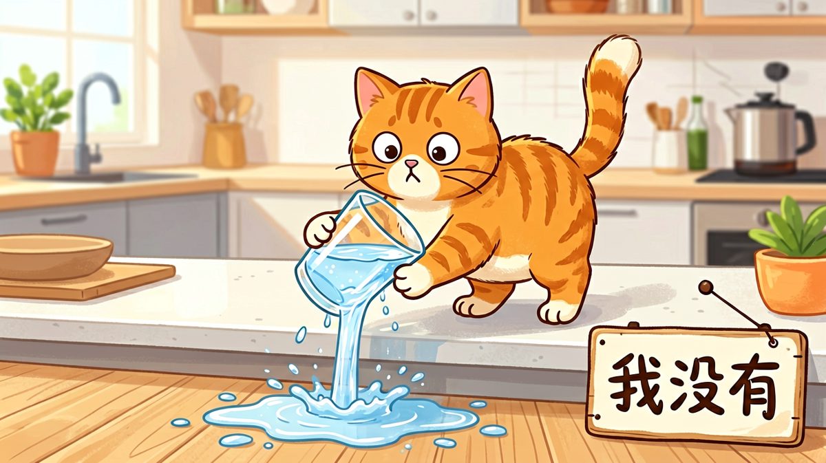 猫：杯子自己跳下去的，跟我有什么关系？